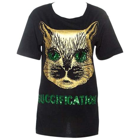 Gucci Black Cat Print Sequin Detail Guccification T .